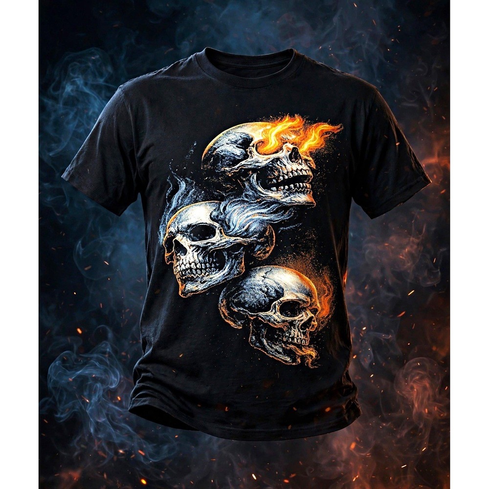 XL Men's Black Flaming Skull Graphic Print Crew Neck Short Sleeve T-Shirt